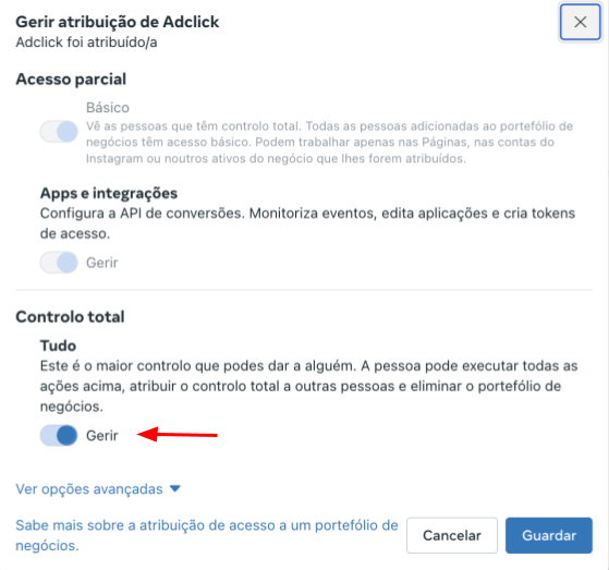 Acessos aos portefólios de negócios Meta