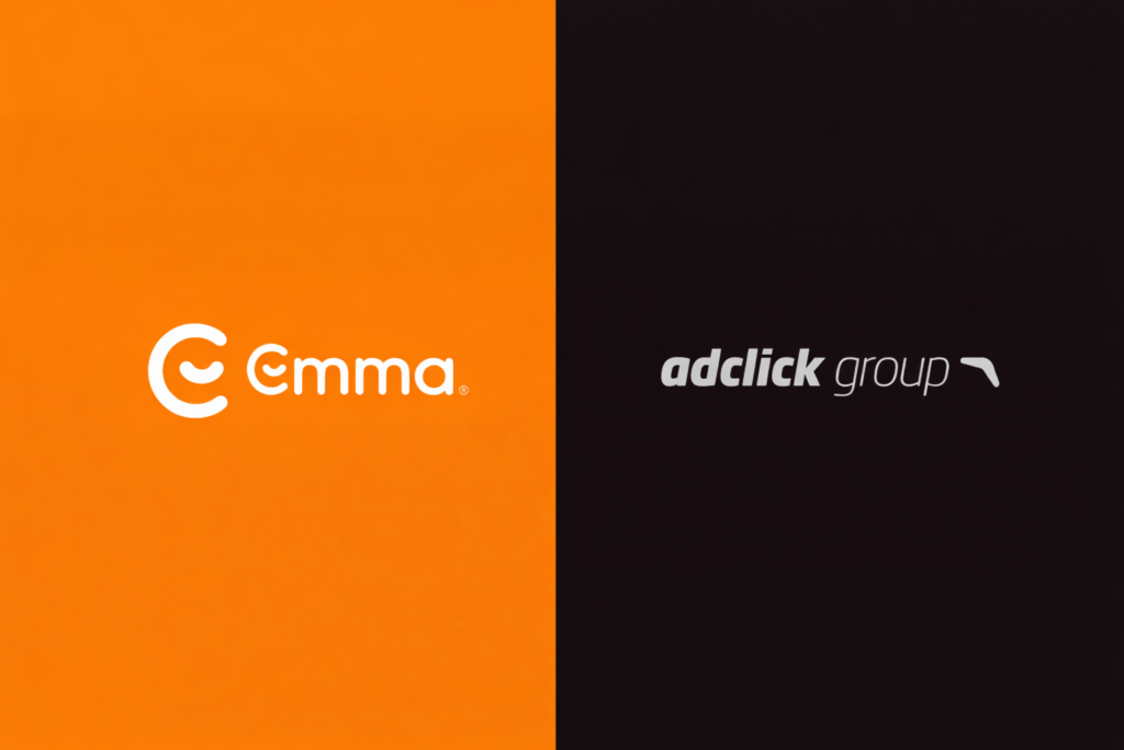 Logotipos Emma Colchões e Adclick Group, simpolizando a parceria renovada nas campanhas de influencer marketing