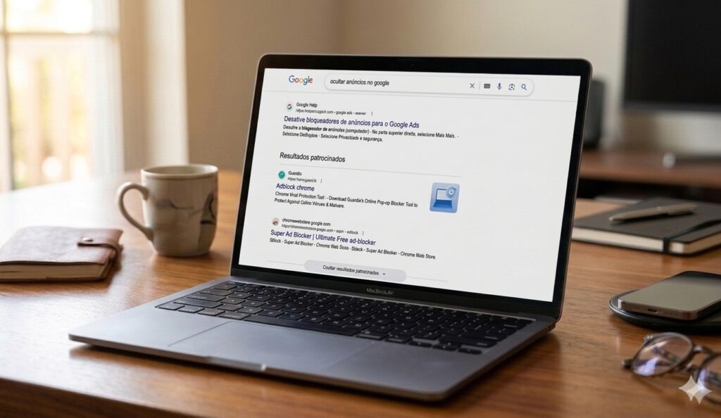 Ecrã de computador cm página SERP do Google aberta e botão de ocultar anúncios disponível para os utilizadores