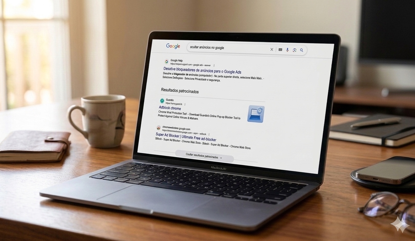 Ecrã de computador cm página SERP do Google aberta e botão de ocultar anúncios disponível para os utilizadores